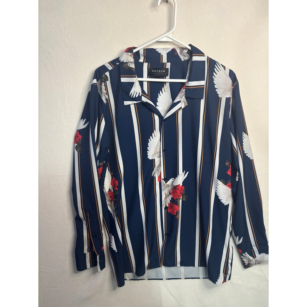 PacSun Mens Navy Blue Striped Dove Rose Graphic Long Sleeve Button Down Shirt M